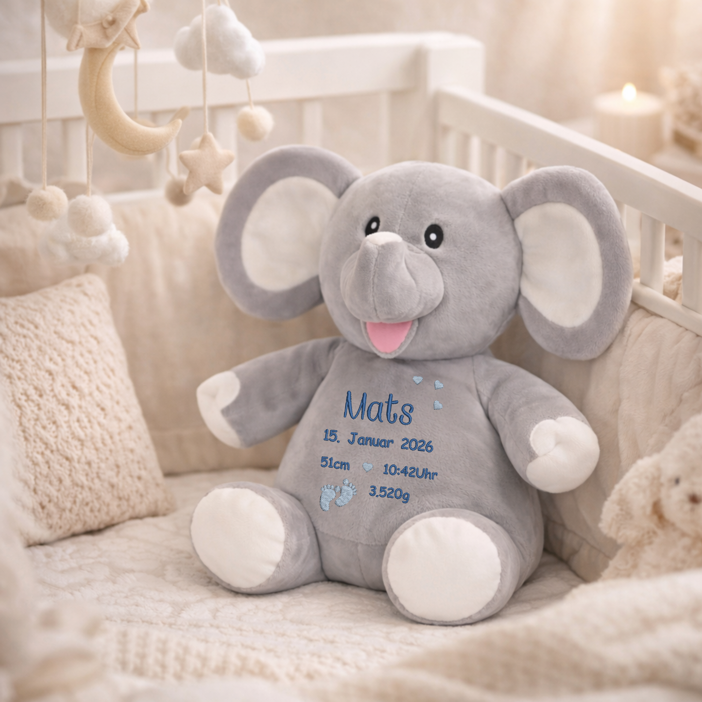 Personalisierter Elefant zur Geburt – Kuscheltier mit Namen & Geburtsdatum