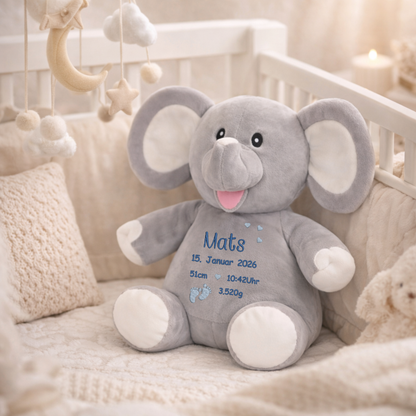 Personalisierter Elefant zur Geburt – Kuscheltier mit Namen & Geburtsdatum