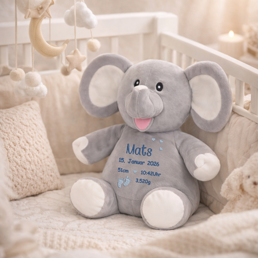 Personalisierter Elefant zur Geburt – Kuscheltier mit Namen & Geburtsdatum