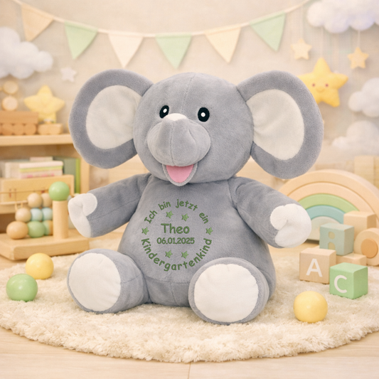 Personalisiertes Kuscheltier Elefant zum Kindergartenstart – mit Name bestickt