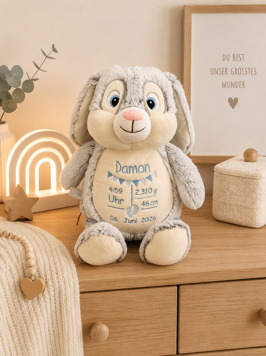 Personalisierter Hase grau zur Geburt – Kuscheltier mit Namen & Geburtsdatum