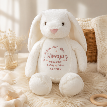 Personalisierter weißer Hase zur Geburt – Kuscheltier mit Namen & Geburtsdatum