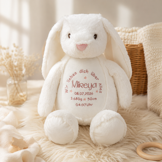 Personalisierter weißer Hase zur Geburt – Kuscheltier mit Namen & Geburtsdatum