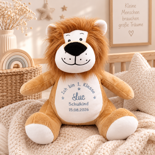 Personalisiertes Kuscheltier Löwe zur Einschulung – mit Name bestickt | Geschenk Schulkind
