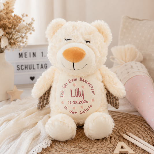 Personalisiertes Kuscheltier Schutzengel-Bär zur Einschulung – mit Name bestickt | Geschenk Schulkind